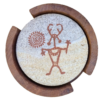 Sandstone coasters with Native American Shaman and Spiral Sun symbols